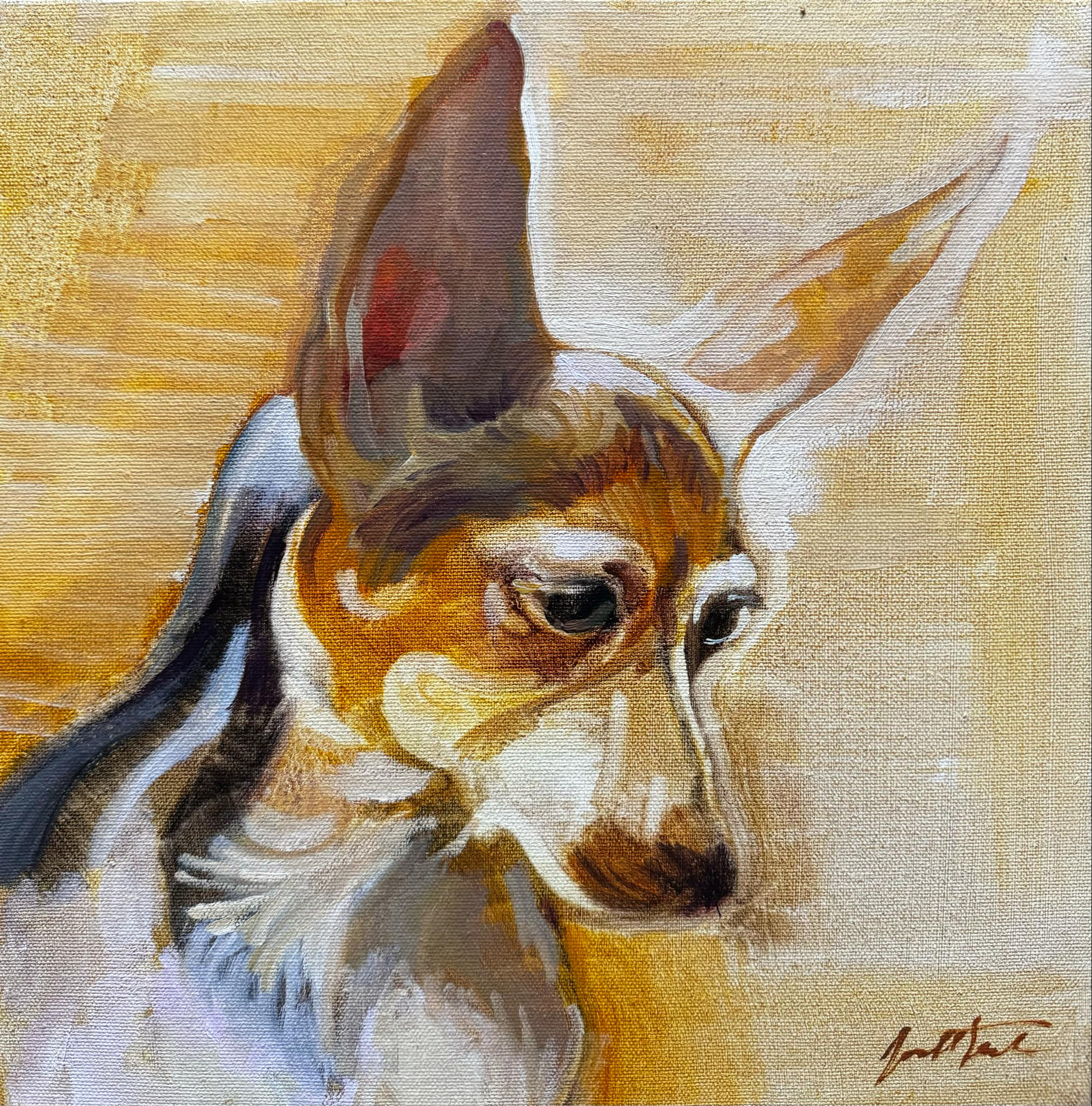 Painting of small dog looking down and to the side