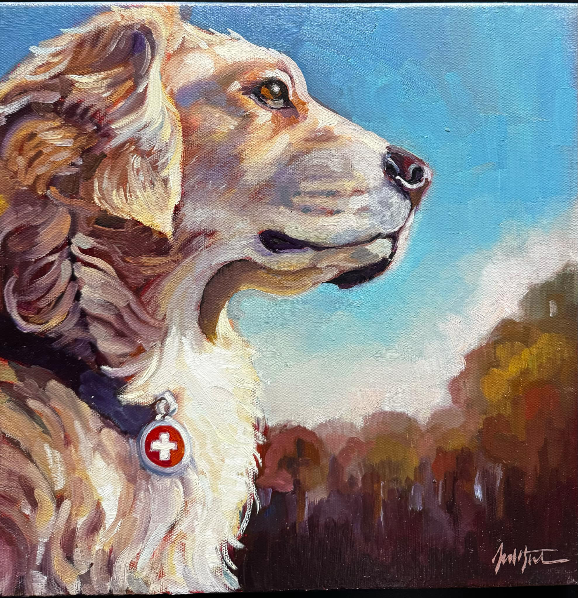 Painting of golden retriever profile with trees and blue skiy in background