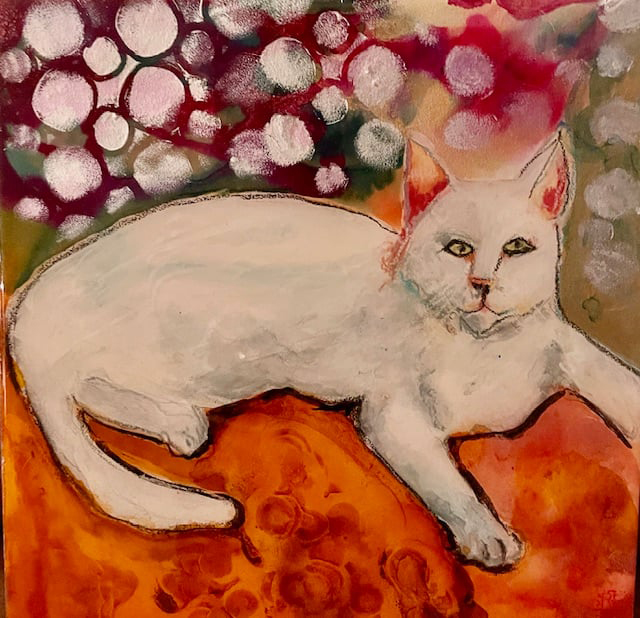 Painting of white cat laying down