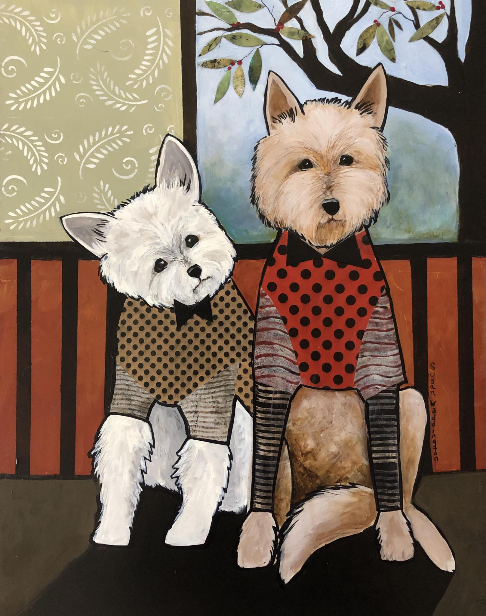 Painting of two white terrier dogs wearing sweaters and bow ties