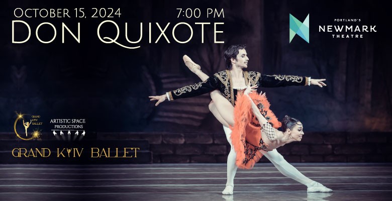 Photo of two Grand Kyiv Ballet dancers performing + title text