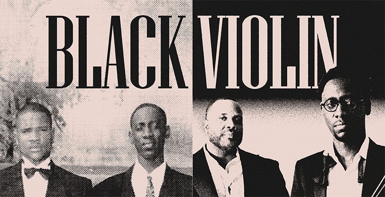 Side by side black and white photos of Black Violin: Kev Marcus and Wil Baptiste