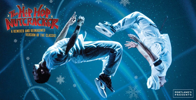 Cropped photo of two Hip Hop Nutcracker dancers in mid-air doing flips with Hip Hop Nutcracker graffiti-style logo