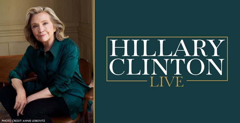 Photo of Hillary Clinton sitting in a chair with "Hillary Clinton Live" in text