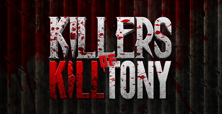 Killers of Kill Tony title art of blood-spattered bold, silver font, with "KILL" in red