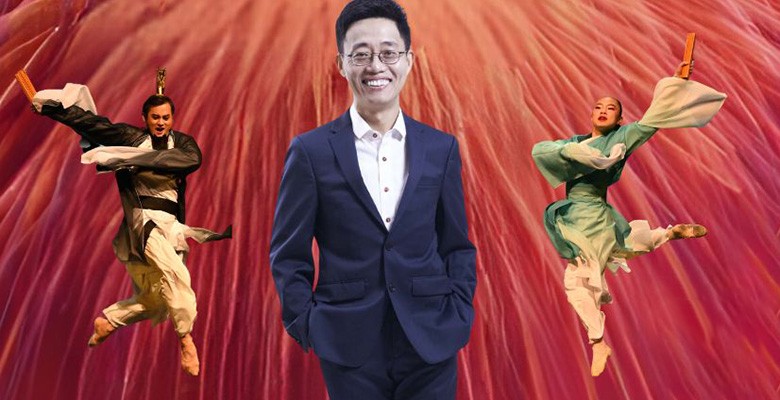 Image collage of Lunar New Year celebration dancers and photo of comedian Joe Wong