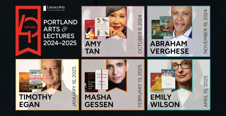 Portland Arts & Lectures 2023/24 image with speaker photos, book cover images and names, dates in text