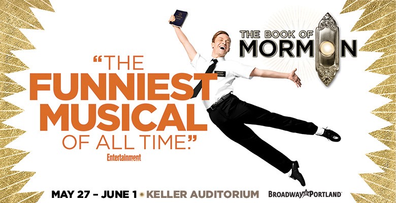 The Book of Mormon title art with male dressed in white shirt, black pants jumping up in air + title text