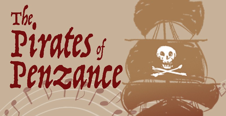 Image of pirate ship with skull on sail and title text: The Pirates of Penzance