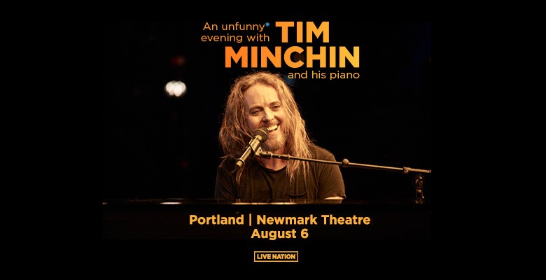 Photo of Tim Minchin sitting at piano with microphone + event title & info in text