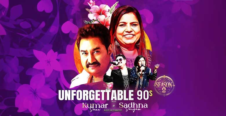 Image of Kumar Sanu & Sadhana Sargam headshot photos on purple background with flowers + event title text