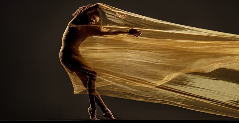 Photo of dancer with long sheer dress stretched out to the right