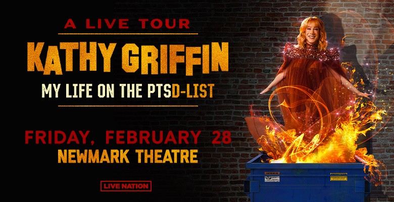 Kathy Griffin standing behind a dumpster fire with text My Life on the PTSD-List