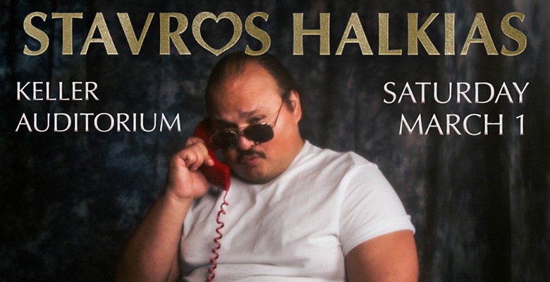 Photo of Stavros Halkias wearing a white tshirt and holding a red phone to his ear + event title text superimposed