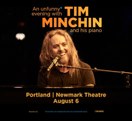 Photo of Tim Minchin sitting with microphone + event title and info in text