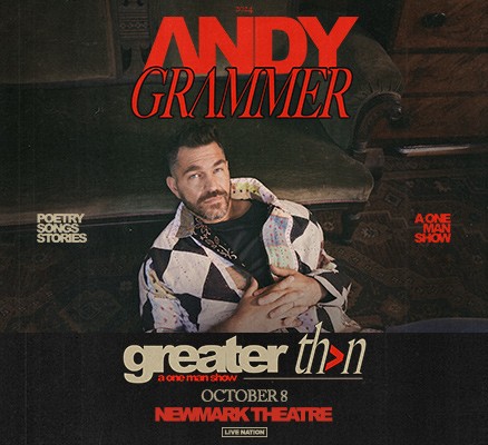 Photo of Andy Grammer leaning against chair with event title/info in text