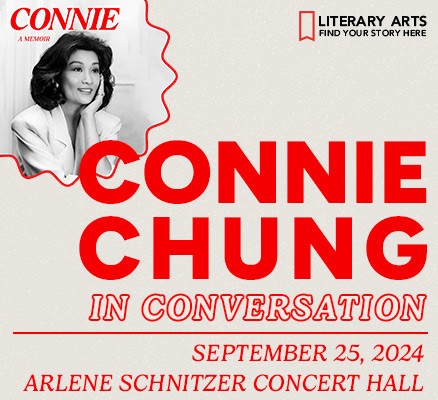 Photo of a young Connie Chung (from her book cover) + event title in text