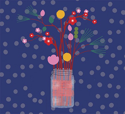 Illustration image of multi-colored flowers in a vase on blue background