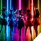 Sailor Moon and the Sailor Guardians pose backlit on stage with exciting lights behind them